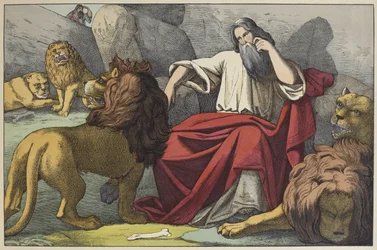 Daniel no covil dos leões, ilustração de LAncien Testament, publicado por Jakob Ferdinand Schreiber, Esslingen (gravura a cores)
