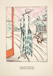 "Das Auto Ist Da!", anúncio de um vestido de Marie Latz, de Styl, pub.1922 (gravura em pochoir)