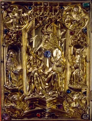 Das Reichsevangeliar Anjos e símbolos dos quatro evangelistas. O Evangélico de Aix-la-Chapelle. Museu Kunsthistorisches do século VIII, Viena