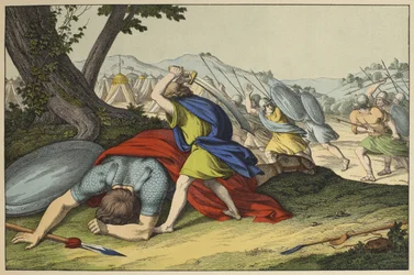 David e Golias, ilustração de LAncien Testament, publicado por Jakob Ferdinand Schreiber, Esslingen (gravura a cores)