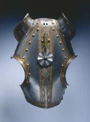 Demi-chanfron, Augsburg, c.1550 (aço gravado e dourado com couro)