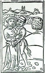 Demônio fazendo amor com uma bruxa (impressão em xilogravura)