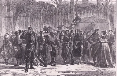 Partida do Décimo Regimento da Guarda Nacional para os postos avançados, História da Guerra entre a França e a Alemanha de Cassell, publicada por Cassell and Company Limited, c. 1890