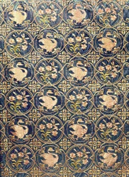 Detalhe, de, um, cortina, decorado, com, cisnes, e, fleur-de-lys