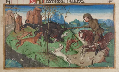 Detalhe de uma miniatura de um nobre envolvido na caça ao urso, da página do calendário de outubro, c. 1475-1485
