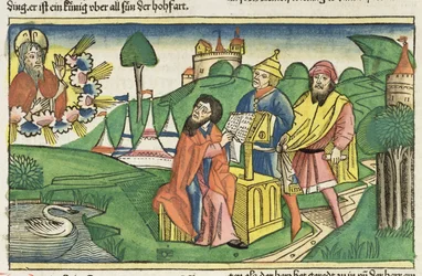 Deuteronômio: Frontispício no qual Deus faz as leis, da Bíblia de Nuremberg (Biblia Sacra Germanaica) (xilogravura colorida)
