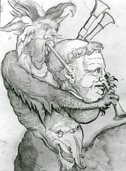 Diabo jogando Mans Head como Bagpipes, 1144 (impressão em xilogravura)
