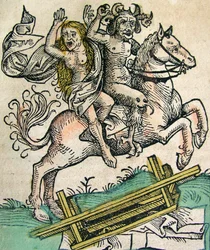 Diabo e uma mulher a cavalo, publicado no Nuremberg Chronicle, 1493