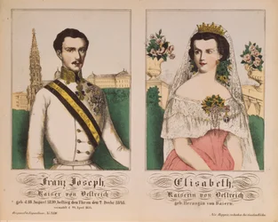 Retrato duplo do imperador Franz Joseph I da Áustria e Imperatriz Elizabeth de Neuruppiner Bilderbogen, 1854