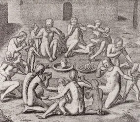 Comendo a carne de um prisioneiro De acordo com o historiador idoso, do "Historia Antipodum" de Gottfried, bar. 1655, de "O Romance do rio" vol. Eu, por WH Koebel, 1914