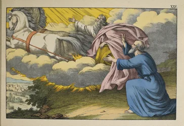 Elias sobe ao céu em um redemoinho, deixando seu discípulo Eliseu para continuar seu trabalho, ilustração de LAncien Testament, publicado por Jakob Ferdinand Schreiber, Esslingen (gravura colorida)