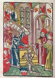 Imperador Sigismund (1367-1437) de Luxemburgo, dublando um cavaleiro (cor xilogravura)