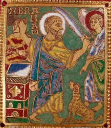 Placa de esmalte representando o profeta Abraão e o sacrifício de Isaac. Escola renana. Século XII. Florença, Museo Nazionale del Bargello