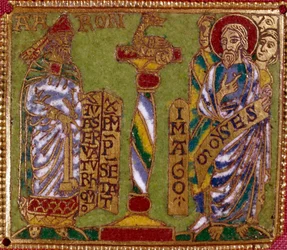 Placa de esmalte representando os profetas Aarão e Moisés. Escola renana. Século XII. Florença, Museo Nazionale del Bargello
