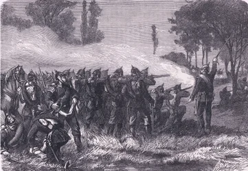 Encontro na floresta antes de Metz, Cassells História da Guerra entre a França e a Alemanha publicado por Cassell and Company Limited, c.1890 (litho)