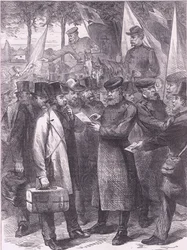 Residentes ingleses que deixam Paris, Cassells History of the War between France and Germany publicado por Cassell and Company Limited, c.1890 (litho)