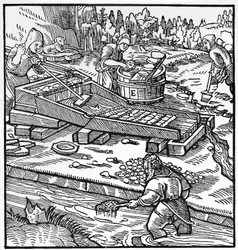 Gravura de De re metallica (Sobre a natureza dos metais), por Georg Pawer ou Georgius Agricola (1494-1555)