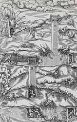 Gravura de De re metallica (Sobre a natureza dos metais), de Georg Pawer ou Georgius Agricola (1494-1555), publicado em Basileia