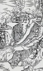 Gravura de De re metallica (Sobre a natureza dos metais), de Georg Pawer ou Georgius Agricola (1494-1555), publicado em Basileia