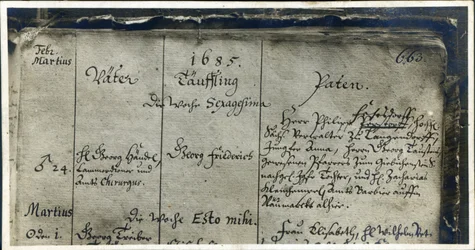 Entrada do Batismo de Handel, do Registro da Igreja de Marktkirche, Halle, Alemanha, 1685