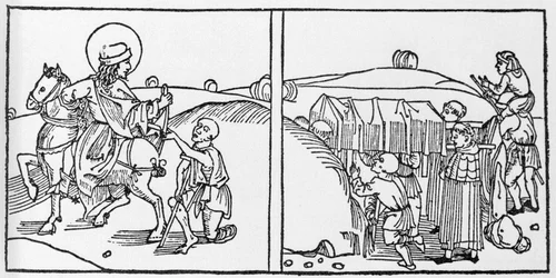 Episódios da vida de St. Martin. Gravura de "Leben der Heiligen - sommerteil" (O livro do santo) de Jacobus (Tiago) de Voragine (1228-1298). Lubeck 1488.