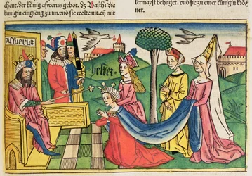 Ester 2 15-18, Ester é escolhida para ser rainha pelo rei persa Assuero, da Bíblia de Nuremberg (Biblia Sacra Germanaica) (xilogravura colorida)