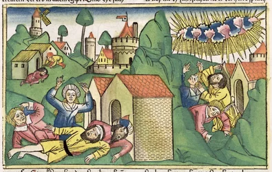 Êxodo 11 1-10 As Sete Pragas do Egito: a morte dos filhos mais velhos, da Bíblia de Nuremberg (Biblia Sacra Germanaica) (xilogravura colorida)