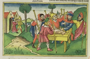 Êxodo 12 A Primeira Páscoa, da Bíblia de Nuremberg (Biblia Sacra Germanaica) (xilogravura colorida)