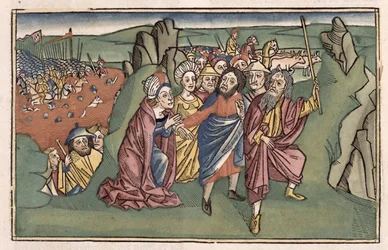 Êxodo 14 Moisés e os israelitas cruzando o Mar Vermelho, da Bíblia de Nuremberg (Biblia Sacra Germanaica) (xilogravura colorida)