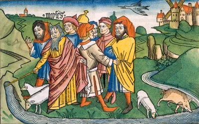 Êxodo 17 1-7 Moisés faz a água fluir das Rochas de Hareb, da Bíblia de Nuremberg (Biblia Sacra Germanaica) (xilogravura colorida)