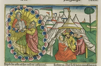 Êxodo 20 1-5 Moisés recebendo os Dez Mandamentos, da Bíblia de Nuremberg (Biblia Sacra Germanaica) (xilogravura colorida)