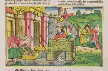 Êxodo 2 1-6 Moisés sendo flutuado no Nilo e descoberto por uma das esposas do faraó, da Bíblia de Nuremberg (Biblia Sacra Germanaica) (xilogravura colorida)