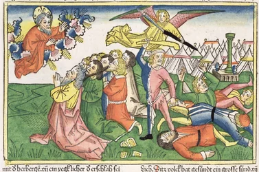 Êxodo 32 15-23 Moisés quebrando as tábuas de pedra, da Bíblia de Nuremberg (Biblia Sacra Germanaica) (xilogravura colorida)
