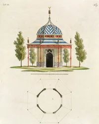 Exterior de um templo de jardim chinês, de recentes novas idéias para o jardim, publicado 1779 (gravura de cor) (ver também 170864)