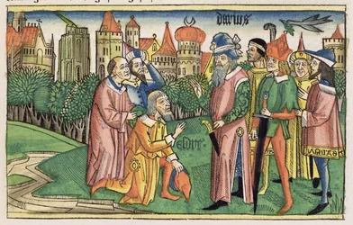Esdras 6 16 O Templo de Jerusalém é dedicado pelo rei Dario, da Bíblia de Nuremberg (Biblia Sacra Germanaica) (xilogravura colorida)