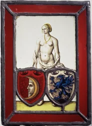 Nu feminino apoiando dois escudos heráldicos, c.1535 (metal em vaso, vidro transparente e cintilante, corante amarelo e tinta vítrea preta)