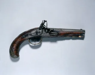 Flintlock Pistol, fabricante de barris Johann Andreas Kuchenreuter (1716-1795), c.1750 (aço, nogueira, suportes de latão, incrustados com ouro, latão e prata)
