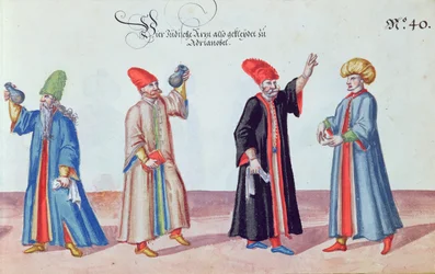 Quatro médicos judeus de Adrianópolis, Turquia, c.1600 (wc no papel)