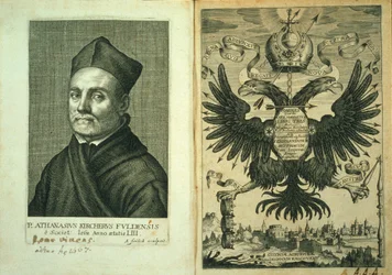Frontispiece ao ímã ou trabalho de arte magnética por Kircher tripartite de 1643