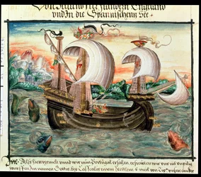 Galeão em plena navegação a caminho de Portugal, ilustrado pela família Coler (ou Keller) de Nuremberga (vellum)