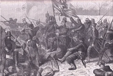 General von Budretzky liderando o ataque a Le Bourget, Cassells História da Guerra entre a França e a Alemanha publicado pela Cassell and Company Limited, c.1890 (litho)