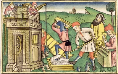 Gênesis 11 1-9 Construindo a Torre de Babel, da Bíblia de Nuremberg (Biblia Sacra Germanaica) (xilogravura colorida)