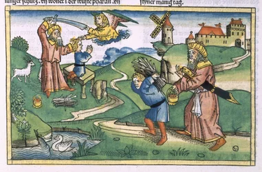Gênesis 21 1-14 Abraão oferece Isaac, da Bíblia de Nuremberg (Biblia Sacra Germanaica) (xilogravura colorida)