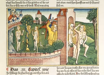 Gênesis 3 1-24 A Tentação e a Expulsão do Paraíso, da Bíblia de Nuremberg (Biblia Sacra Germanaica) (xilogravura colorida)