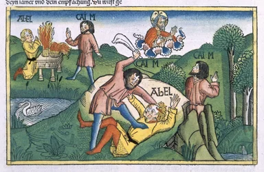 Génesis 4:8 Caim assassina Abel, da «Bíblia de Nuremberga (Biblia Sacra Germanaica)»
