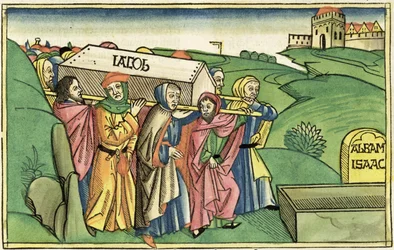 Gênesis 49: 28-33 O Enterro de Jacó, da Bíblia de Nuremberg (Biblia Sacra Germanaica) (xilogravura colorida)