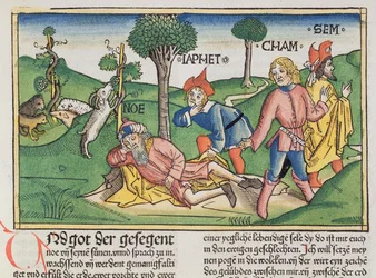 Gênesis 9 20-27 Noé coberto com um manto pelos filhos Shem, Ham e Japeth, da Bíblia de Nuremberg (Biblia Sacra Germanaica) (xilogravura colorida)