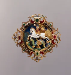 Chapéu Agrafe apresentando St. George (ouro, esmalte, rubi e esmeralda)