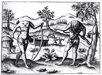 Homens e mulheres sem cabeça, ilustração do relato de Sir Walter Raleigh sobre a Guiana, publicado em Nuremberg, 1599