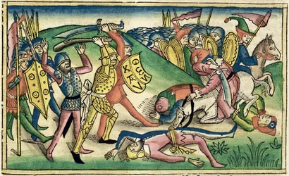 I Reis 15 16 Guerra entre Asa e Baasha, da Bíblia de Nuremberg (Biblia Sacra Germanaica) (xilogravura colorida)